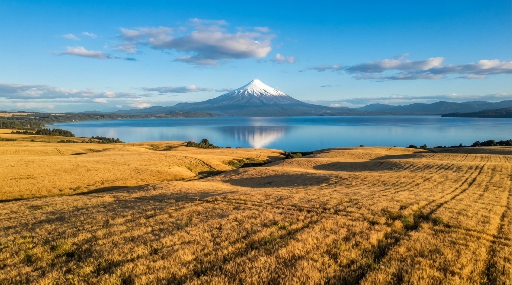 Campos agrícolas y volcán en Chile